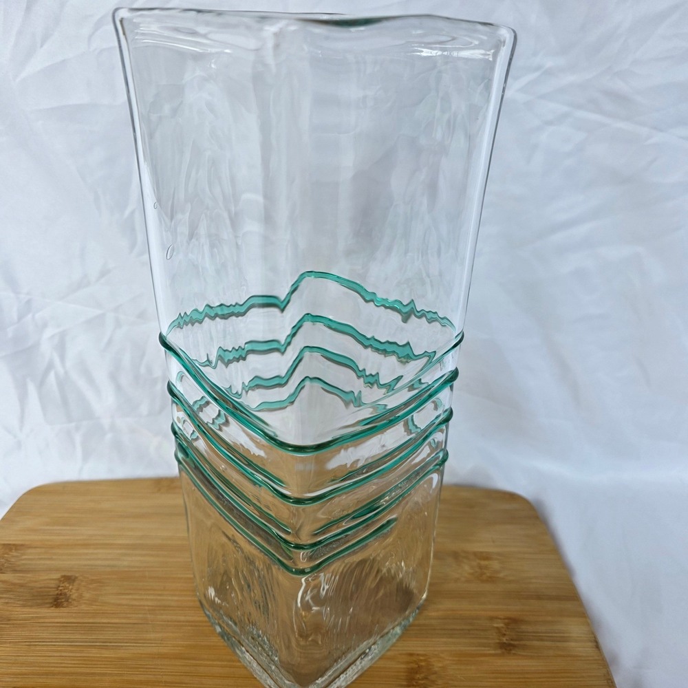 Vintage Blenko Glass Square Vase 9618S Clear with Teal Green Spiral Wrap 12"